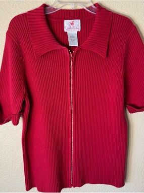 Women’s The Quacker Factory Short Sleeve Ribbed Rhinestone Zipper Sweater Sz Lg